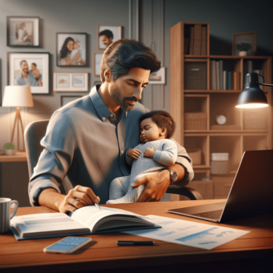 Un padre trabajando desde su casa con un portátil, mientras sostiene a su bebé dormido en sus brazos. La oficina en casa está bien organizada, con un estante de libros, fotos familiares y plantas de interior.