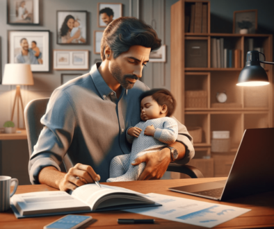 Un padre trabajando desde su casa con un portátil, mientras sostiene a su bebé dormido en sus brazos. La oficina en casa está bien organizada, con un estante de libros, fotos familiares y plantas de interior.