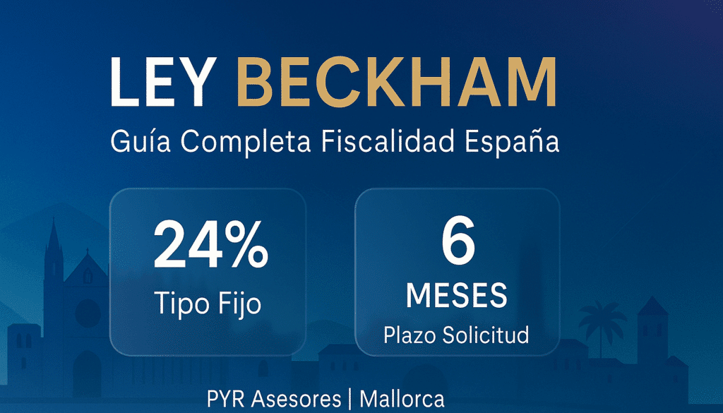 Ley Beckham guía completa fiscalidad España: tipo fijo 24% tributación y plazo solicitud 6 meses. Silueta arquitectónica Mallorca de fondo. PYR Asesores Mallorca asesoramiento fiscal régimen impatriados